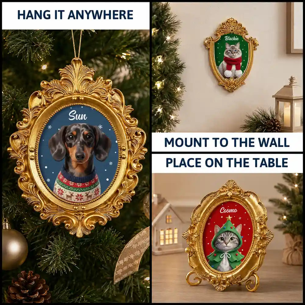 Art Design,Playful,Christmas,Pet Lovers,Photo - Christmas Accessories 3D Cartoon Pet - Custom Photo 3D Christmas Themed Pet Happy Dog Cat Pet - Personalized Ornate Frame