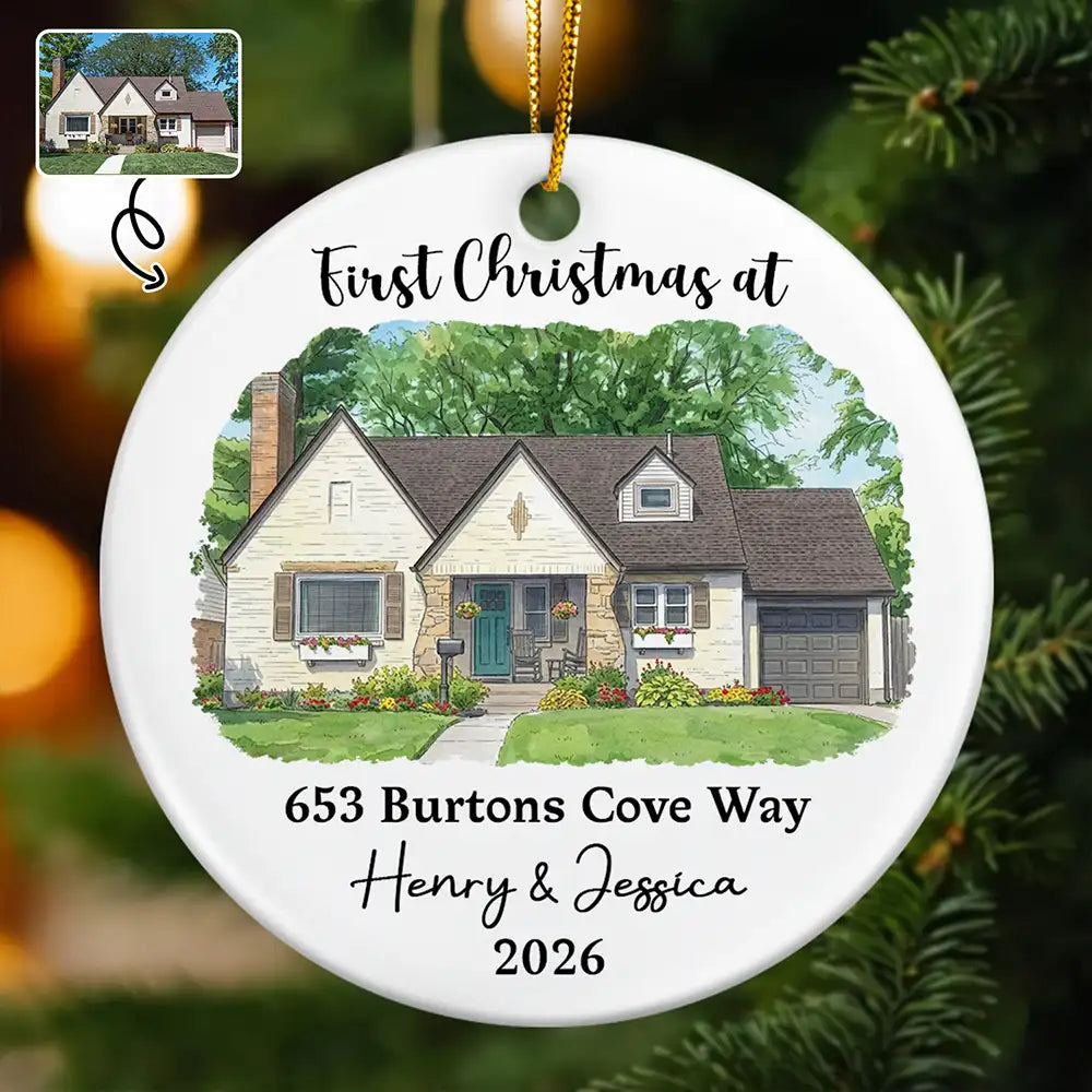 Art Design,Christmas,Gift For Couples,Photo - Vivid Watercolor Art,Happy - Custom Photo Vivid Watercolor Art Our New Home Wedding Gift Husband Wife - Personalized Circle Ceramic Ornament