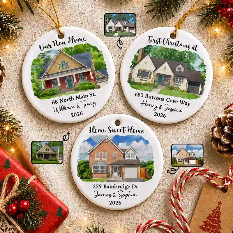 Art Design,Christmas,Gift For Couples,Photo - Vivid Watercolor Art,Happy - Custom Photo Vivid Watercolor Art Our New Home Wedding Gift Husband Wife - Personalized Circle Ceramic Ornament