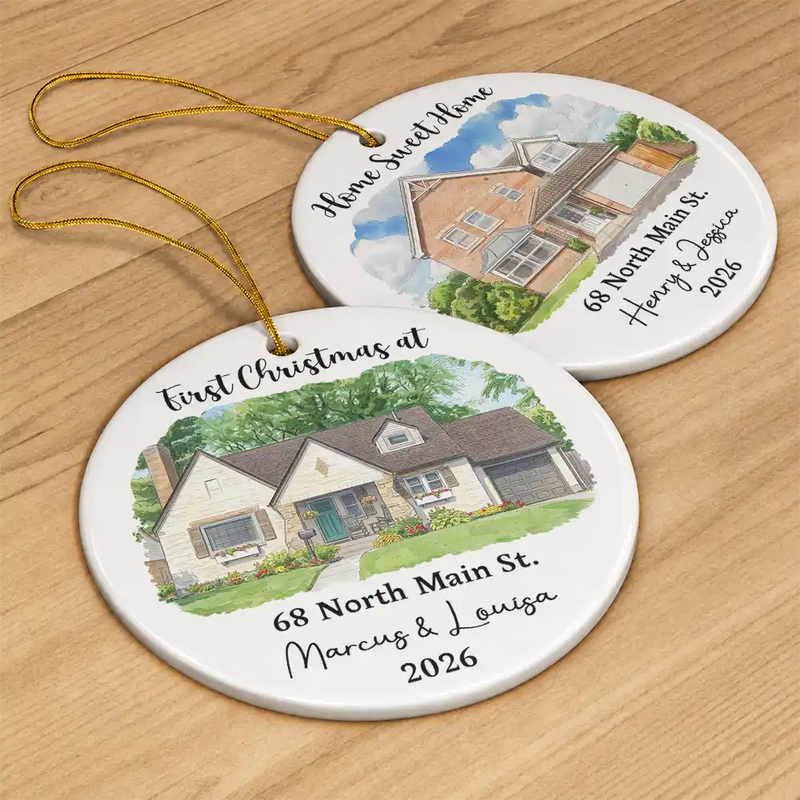 Art Design,Christmas,Gift For Couples,Photo - Vivid Watercolor Art,Happy - Custom Photo Vivid Watercolor Art Our New Home Wedding Gift Husband Wife - Personalized Circle Ceramic Ornament