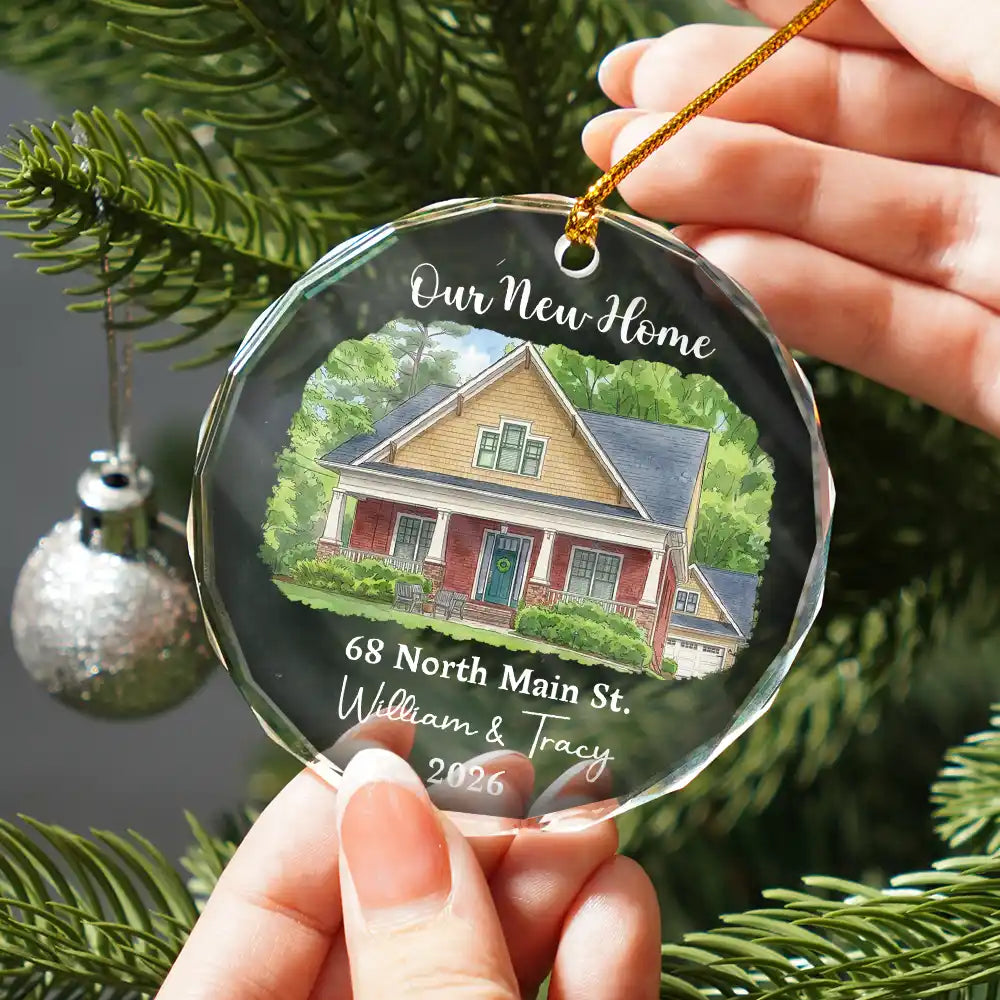 Art Design,Christmas,Gift For Couples,Photo - Vivid Watercolor Art,Happy - Custom Photo Vivid Watercolor Art Our New Home Wedding Gift Husband Wife - Personalized Circle Glass Ornament