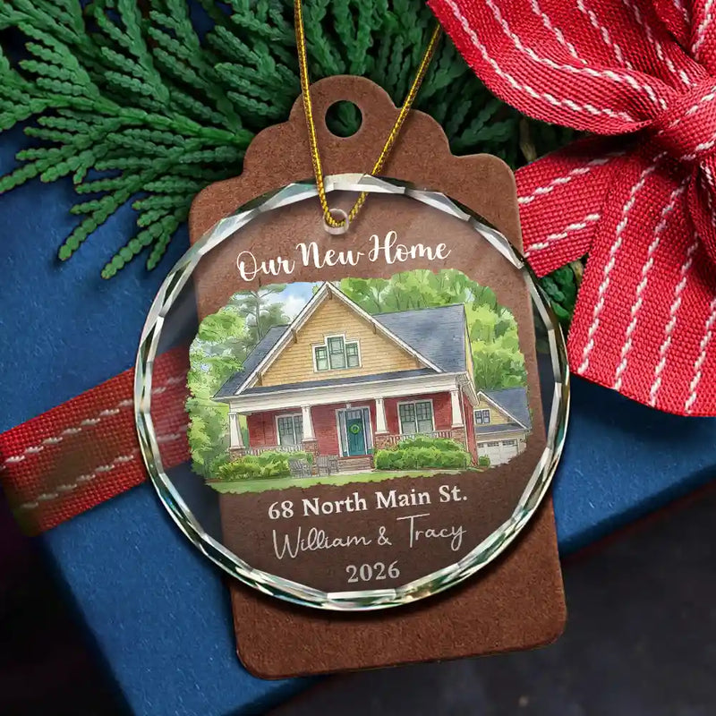 Art Design,Christmas,Gift For Couples,Photo - Vivid Watercolor Art,Happy - Custom Photo Vivid Watercolor Art Our New Home Wedding Gift Husband Wife - Personalized Circle Glass Ornament