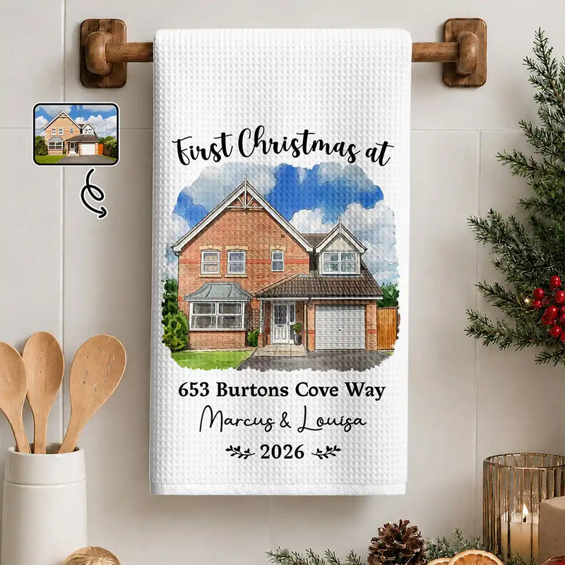 Art Design,Christmas,Gift For Couples,Photo - Vivid Watercolor Art,Happy - Custom Photo Vivid Watercolor Art Our New Home Wedding Gift Husband Wife - Personalized Kitchen Towel