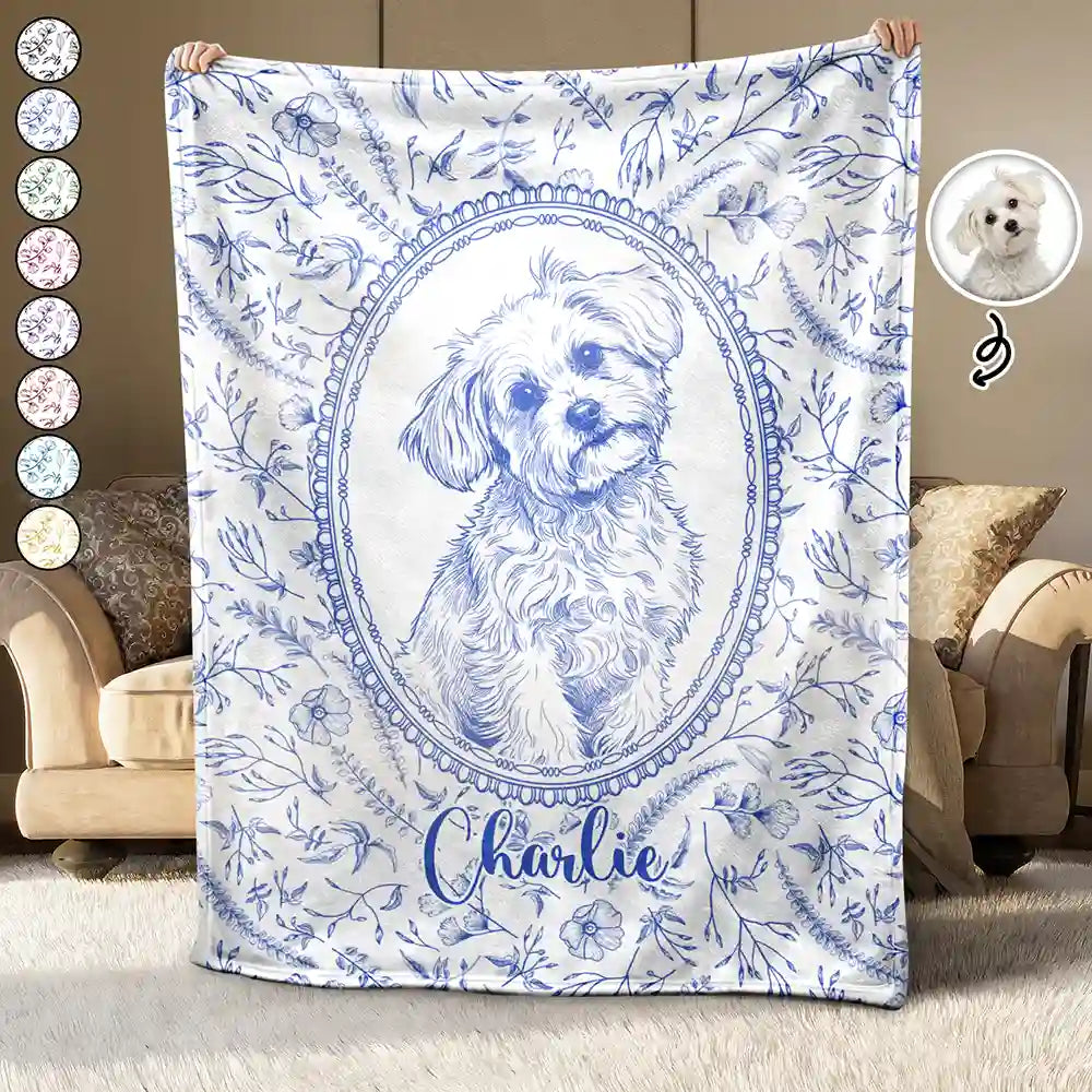 Custom Photo Pencil Sketch Dog Cat Pet Portrait Toile Remembrance - Personalized Fleece Blanket, Sherpa Blanket