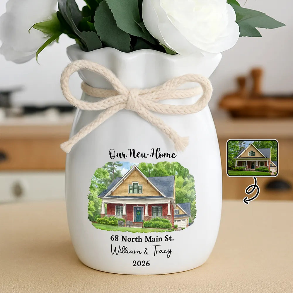 Custom Photo Vivid Watercolor Art Our New Home Wedding Gift Husband Wife - Personalized Ribbon Tie Flower Vase