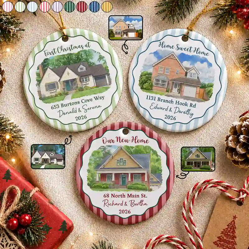 Art Design,Christmas,Family,Photo - Vivid Watercolor Art,Happy - Custom Photo Vivid Watercolor Art Our New Home Wedding Gift Husband Wife Stripe - Personalized Circle Ceramic Ornament