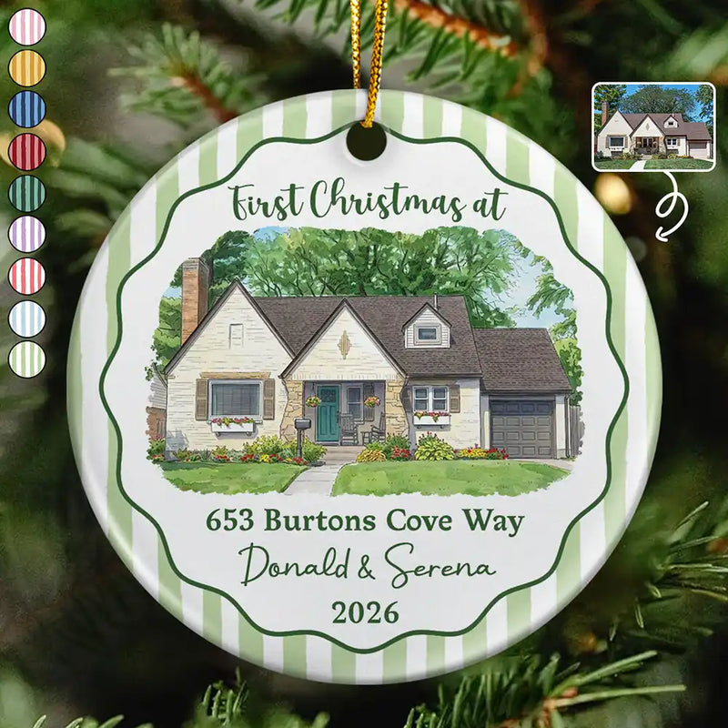 Art Design,Christmas,Family,Photo - Vivid Watercolor Art,Happy - Custom Photo Vivid Watercolor Art Our New Home Wedding Gift Husband Wife Stripe - Personalized Circle Ceramic Ornament
