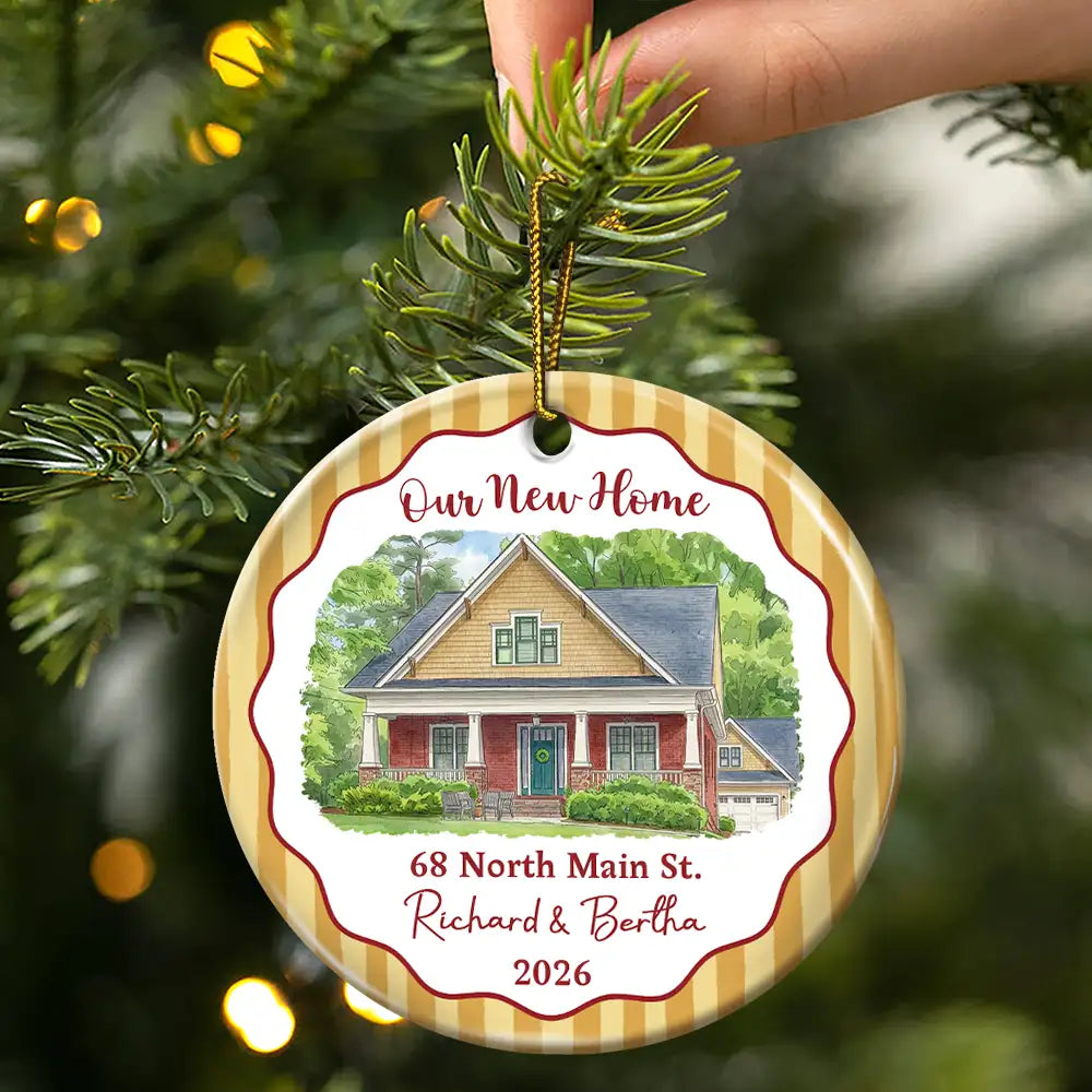 Art Design,Christmas,Family,Photo - Vivid Watercolor Art,Happy - Custom Photo Vivid Watercolor Art Our New Home Wedding Gift Husband Wife Stripe - Personalized Circle Ceramic Ornament