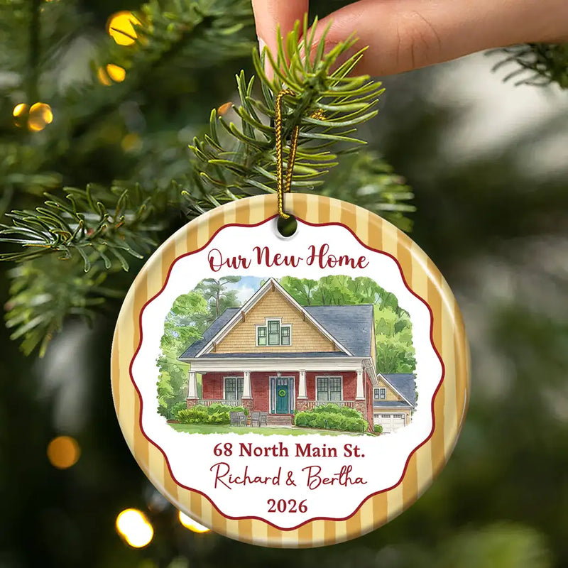 Art Design,Christmas,Family,Photo - Vivid Watercolor Art,Happy - Custom Photo Vivid Watercolor Art Our New Home Wedding Gift Husband Wife Stripe - Personalized Circle Ceramic Ornament