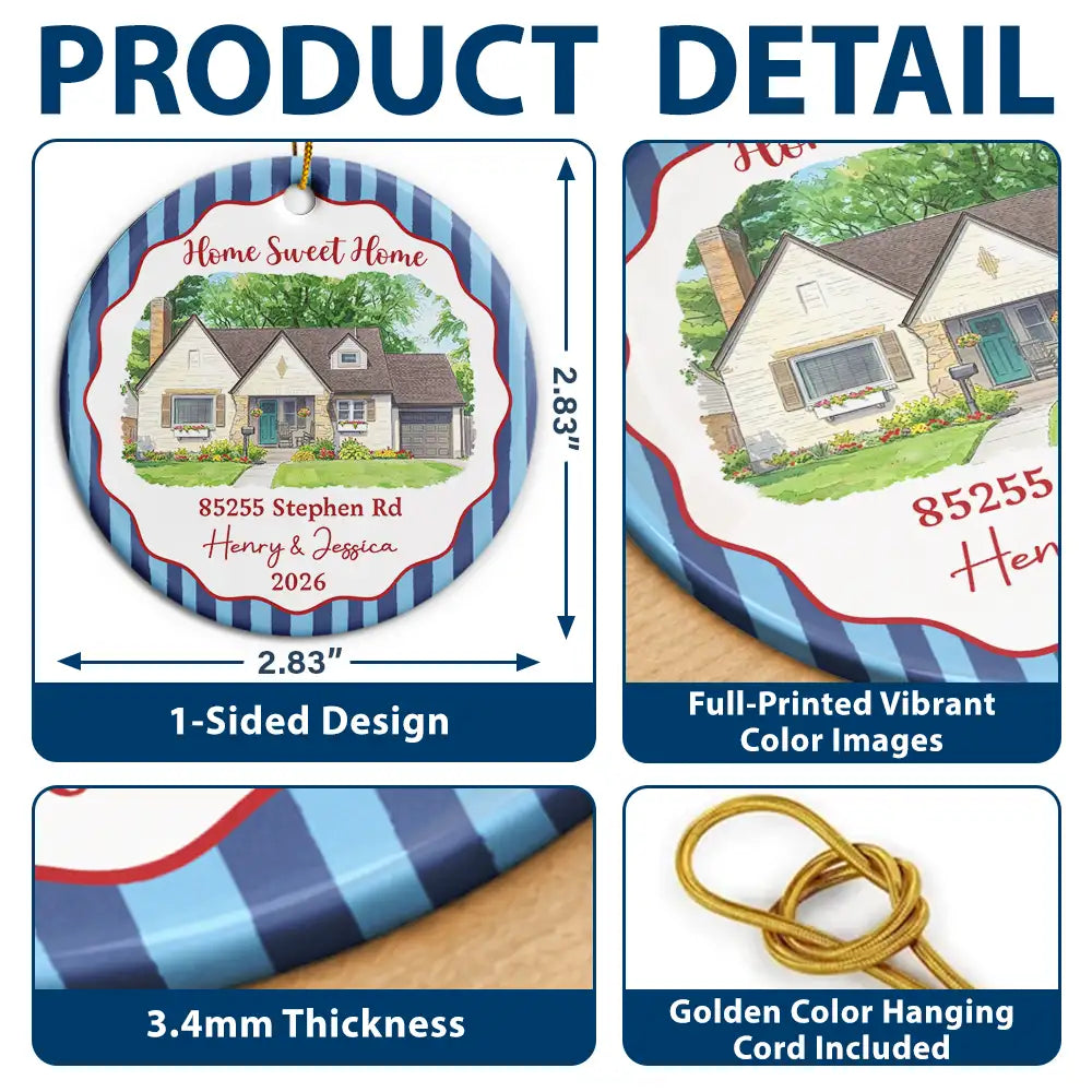 Art Design,Christmas,Family,Photo - Vivid Watercolor Art,Happy - Custom Photo Vivid Watercolor Art Our New Home Wedding Gift Husband Wife Stripe - Personalized Circle Ceramic Ornament