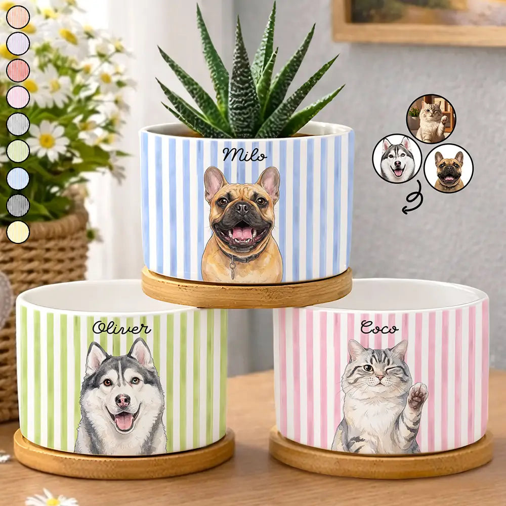 Custom Photo Vivid Watercolor Art Happy Dog Cat Pet Stripe - Personalized Plant Pot