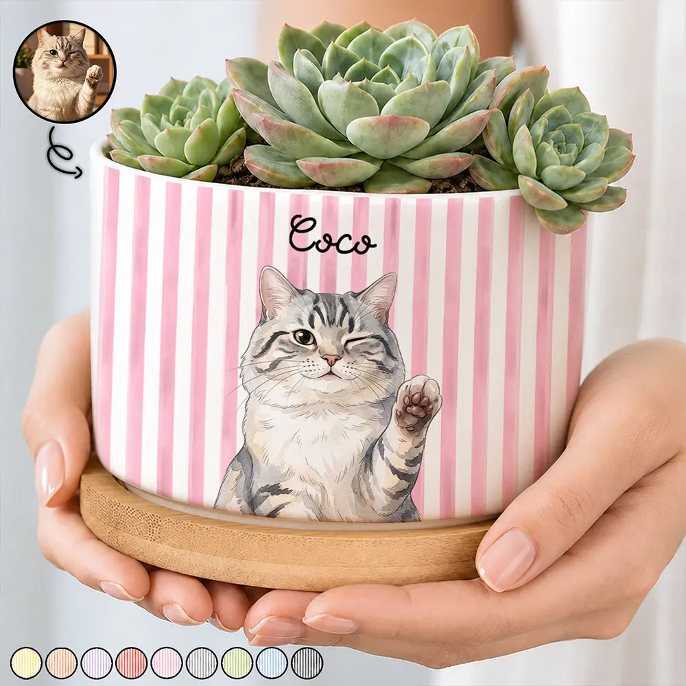 Art Design,Playful,Pet Lovers,Photo - Vivid Watercolor Art - Custom Photo Vivid Watercolor Art Happy Dog Cat Pet Stripe - Personalized Plant Pot