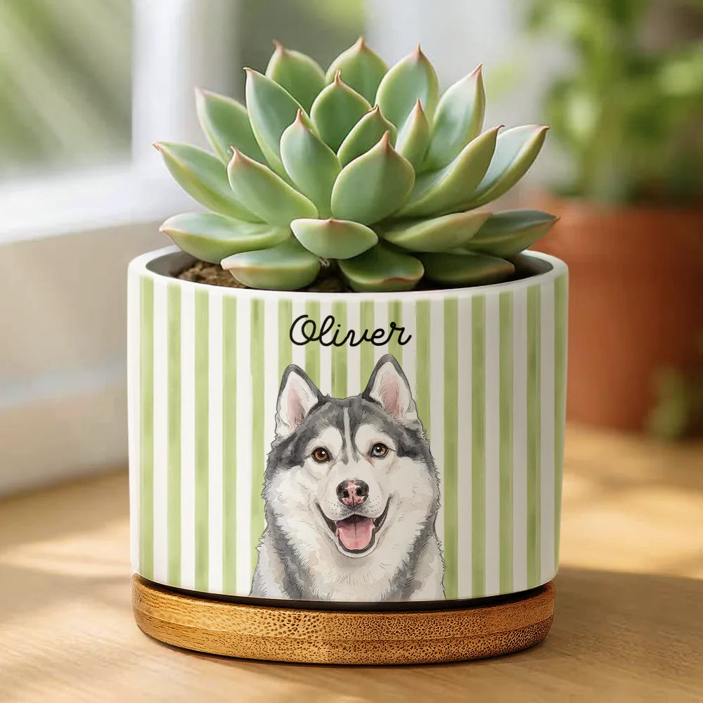 Art Design,Playful,Pet Lovers,Photo - Vivid Watercolor Art - Custom Photo Vivid Watercolor Art Happy Dog Cat Pet Stripe - Personalized Plant Pot