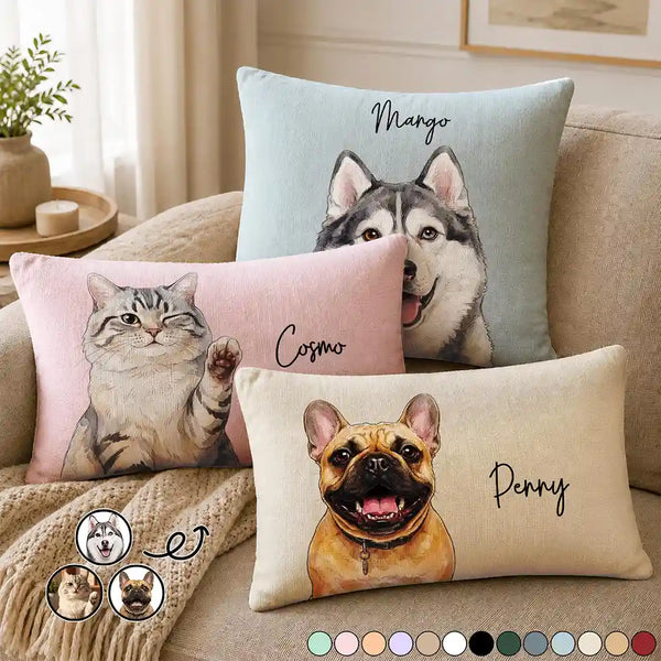 Art Design,Playful,Pet Lovers,Photo - Vivid Watercolor Art - Custom Photo Vivid Watercolor Art Happy Dog Cat Pet - Personalized Pillow