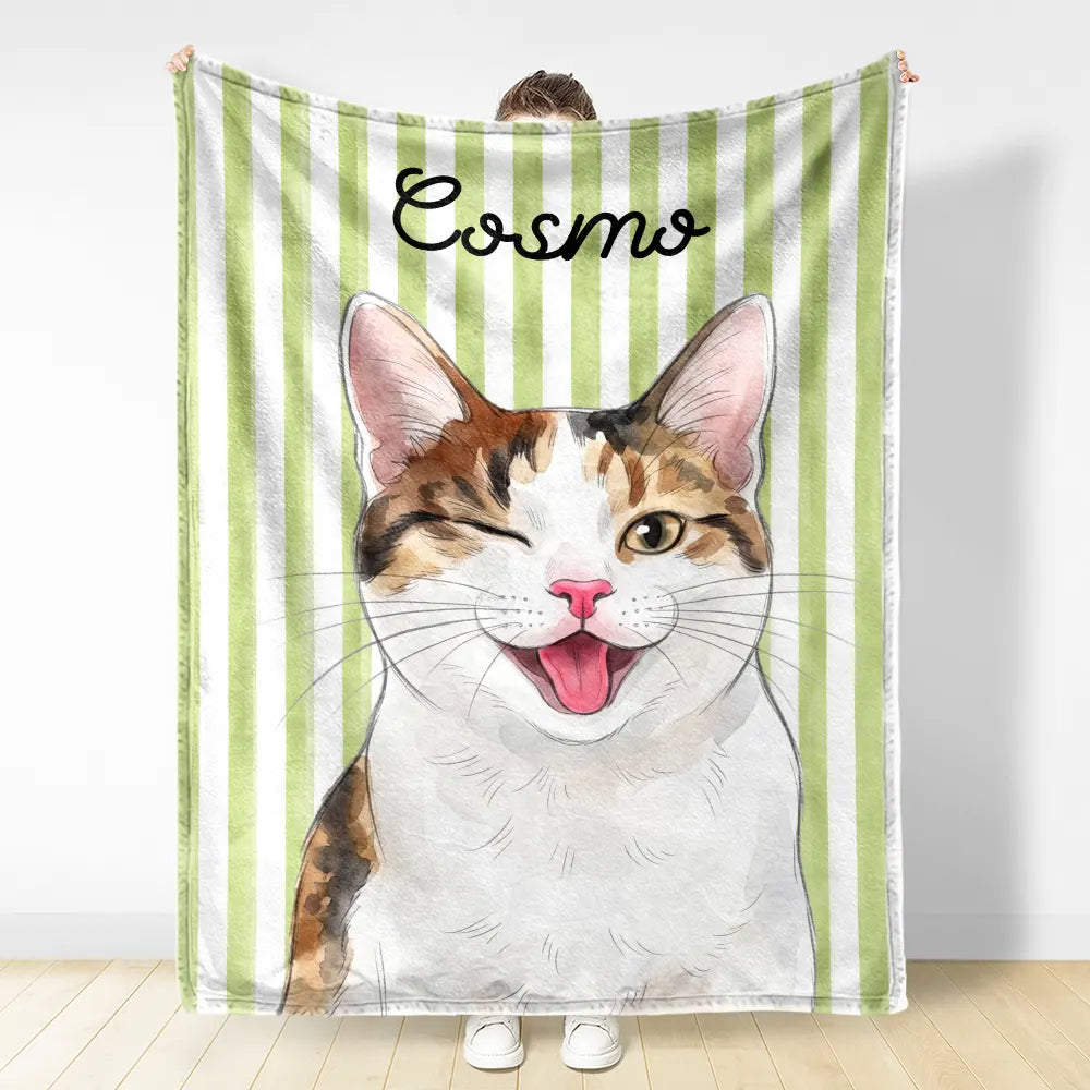 Art Design,Playful,Pet Lovers,Photo - Vivid Watercolor Art - Custom Photo Vivid Watercolor Art Happy Dog Cat Pet Stripe - Personalized Fleece Blanket, Sherpa Blanket