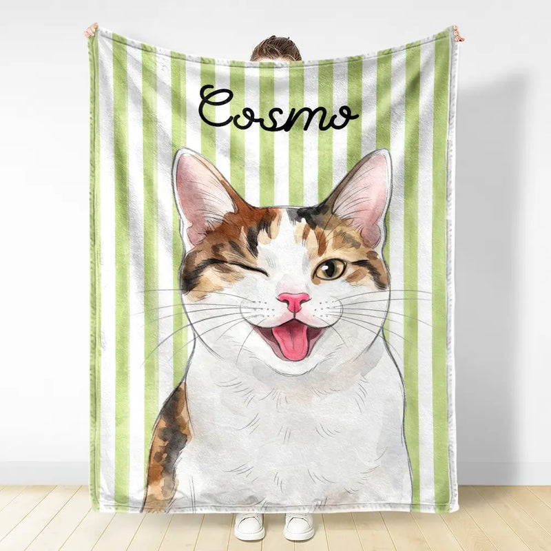 Art Design,Playful,Pet Lovers,Photo - Vivid Watercolor Art - Custom Photo Vivid Watercolor Art Happy Dog Cat Pet Stripe - Personalized Fleece Blanket, Sherpa Blanket