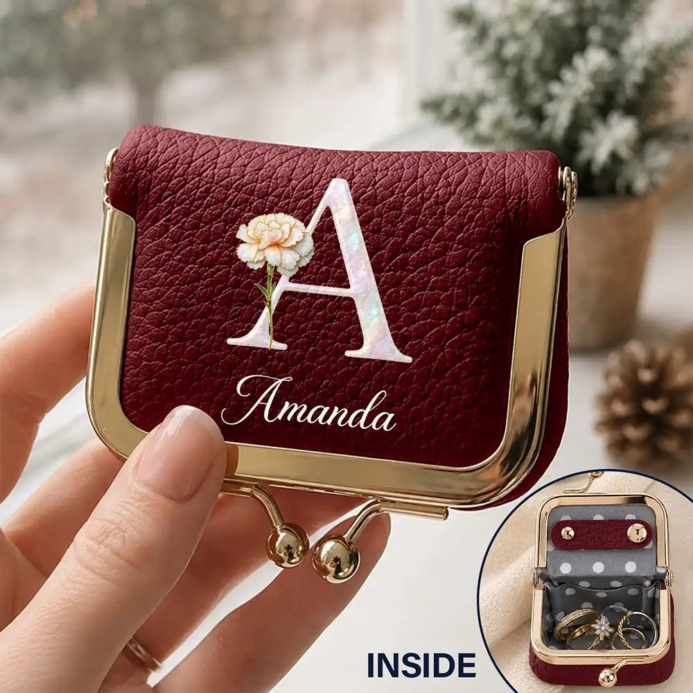 Confident,Gift For Yourself,Gift For Women,Icon - Nacre Effect Birth Month Flower And Name Gift For Her - Personalized Kiss Lock Jewelry Case