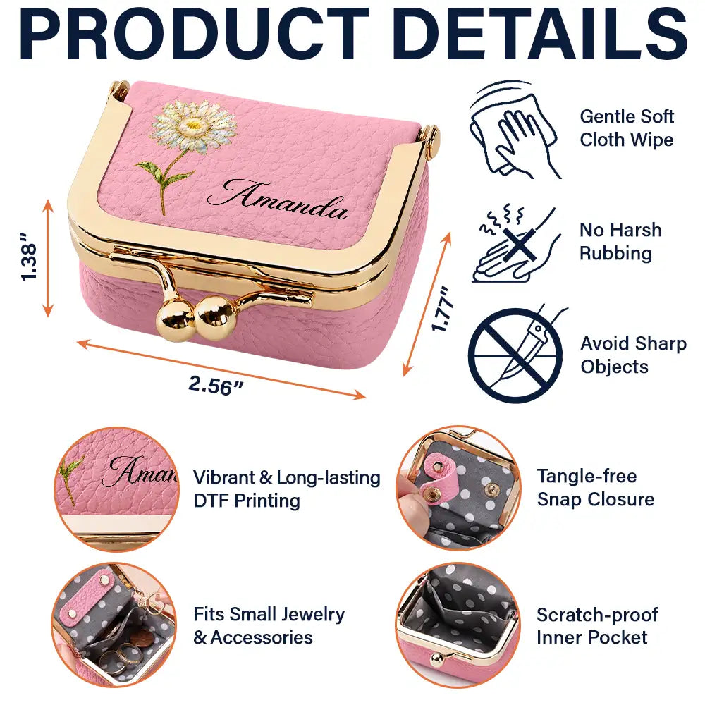 Confident,Gift For Yourself,Gift For Women,Icon - Nacre Effect Birth Month Flower And Name Gift For Her - Personalized Kiss Lock Jewelry Case