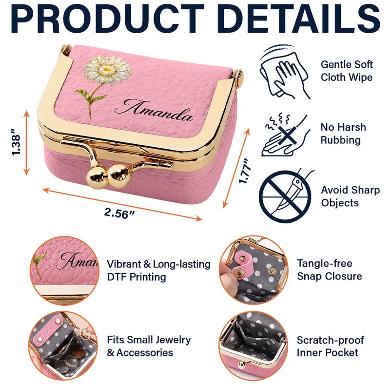 Confident,Gift For Yourself,Gift For Women,Icon - Nacre Effect Birth Month Flower And Name Gift For Her - Personalized Kiss Lock Jewelry Case