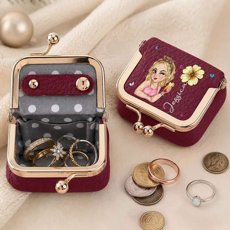 Playful,Gift For Yourself,Gift For Women,Vector,Icon - Gift For Her With Character And Birth Month Flower - Personalized Kiss Lock Jewelry Case