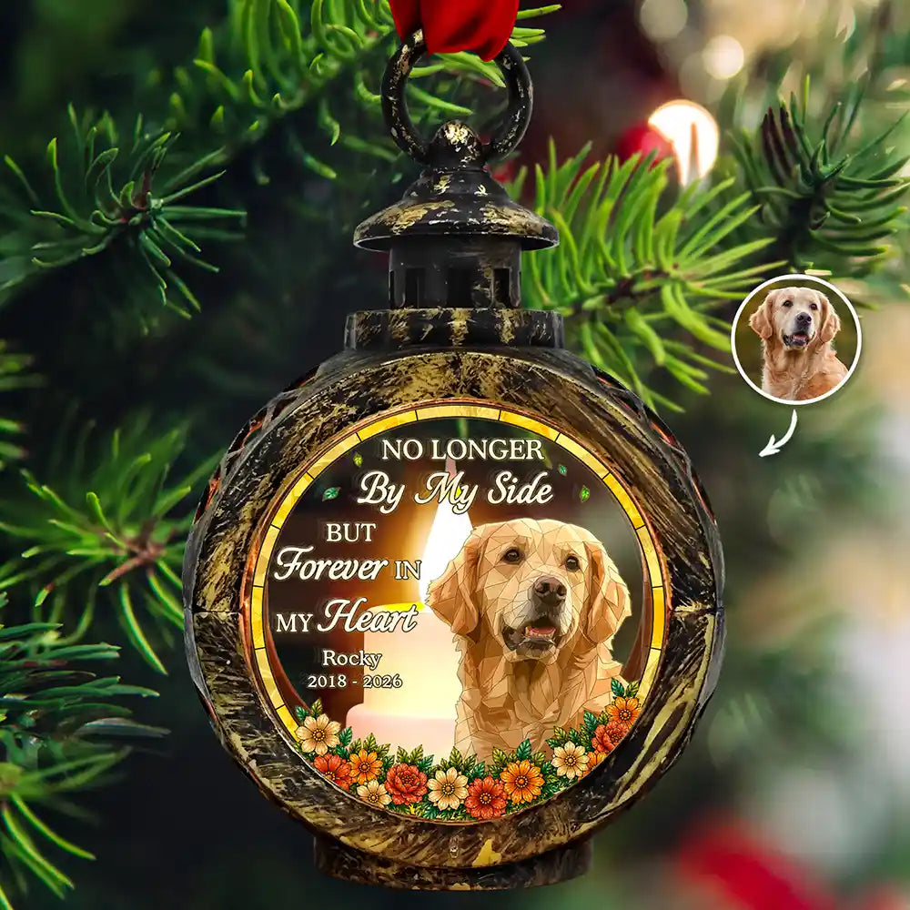 Art Design,Christmas,Pet Memorial,Sympathetic,Pet Lovers,Memorial,Photo - Stained Glass - Custom Photo Stained Glass Memorial Pet Forever In My Heart Always Loved - Personalized Candlelight Lantern Ornament