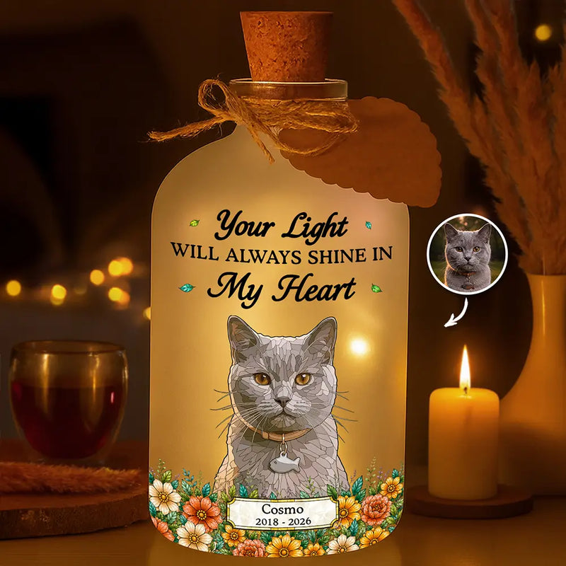 Art Design,Christmas,Pet Memorial,Sympathetic,Pet Lovers,Memorial,Photo - Stained Glass - Custom Photo Stained Glass Memorial Pet Forever In My Heart Always Loved - Personalized Short Bottle Light