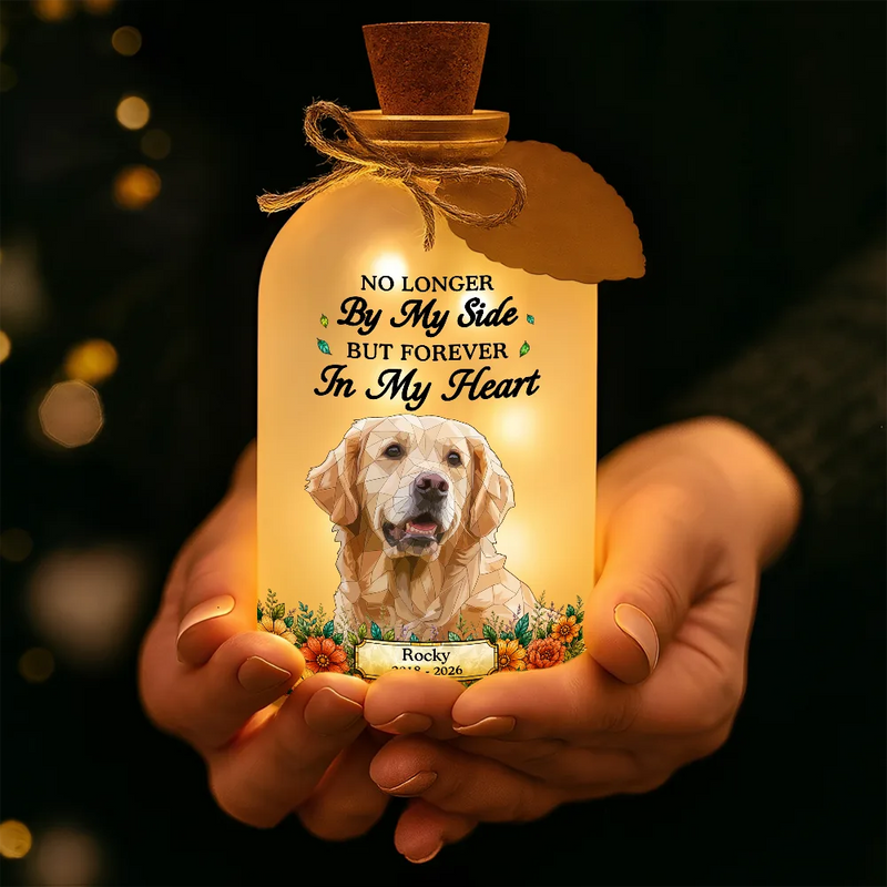 Art Design,Christmas,Pet Memorial,Sympathetic,Pet Lovers,Memorial,Photo - Stained Glass - Custom Photo Stained Glass Memorial Pet Forever In My Heart Always Loved - Personalized Short Bottle Light
