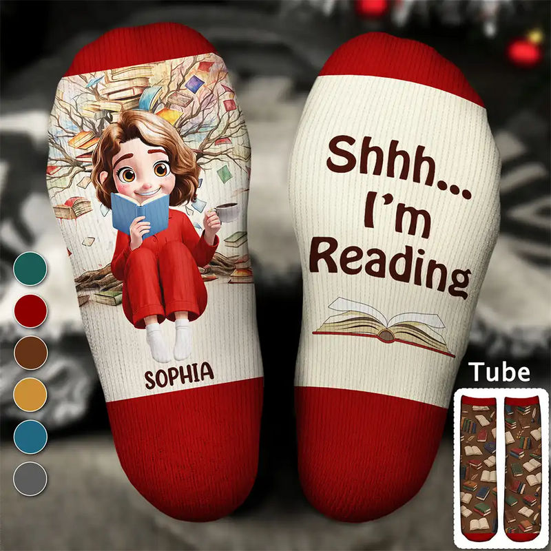 Confident,Christmas,Reading,Gift For Yourself,Gift For Women,Vector - Shhh I'm Reading Gift For Book Lovers - Personalized Socks
