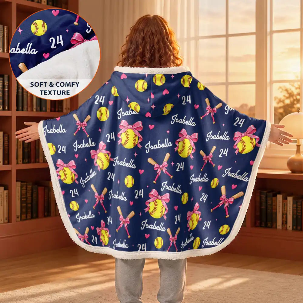 Christmas,Gift For Women,Gift For Yourself,Gifts For Her,Happy,Icon,Softball - Gift For Softball Player - Personalized Name Number Coquette Bow Wearable Hooded Blanket