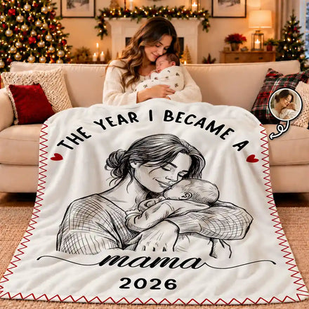 Gift For New Mom - Personalized Custom Photo Pencil Sketch The Year I Became A Mama Fleece Blanket, Sherpa Blanket