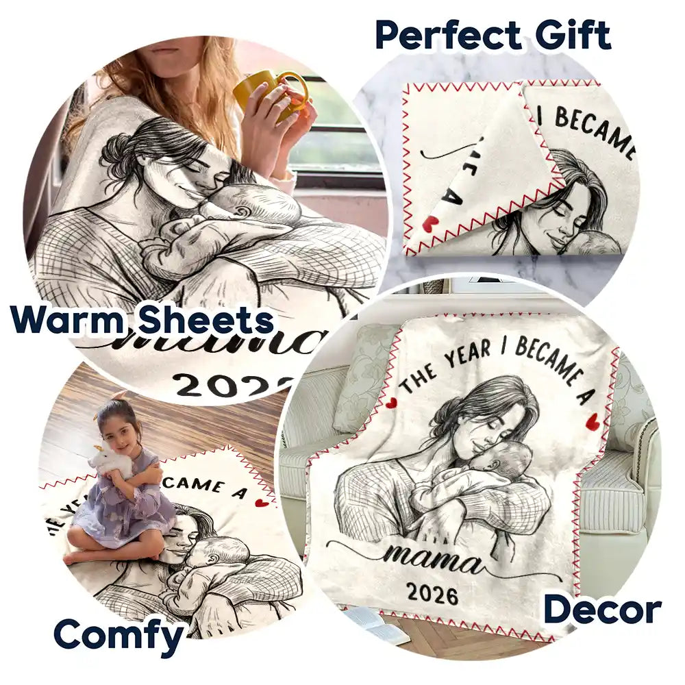 Art Design,Christmas,Custom Photo,First Christmas,Gift For Mother,Gifts For Her,Happy,New Baby,New Mom,Photo - Pencil Sketch - Remove BG - Gift For New Mom - Personalized Custom Photo Pencil Sketch The Year I Became A Mama Fleece Blanket, Sherpa Blanket