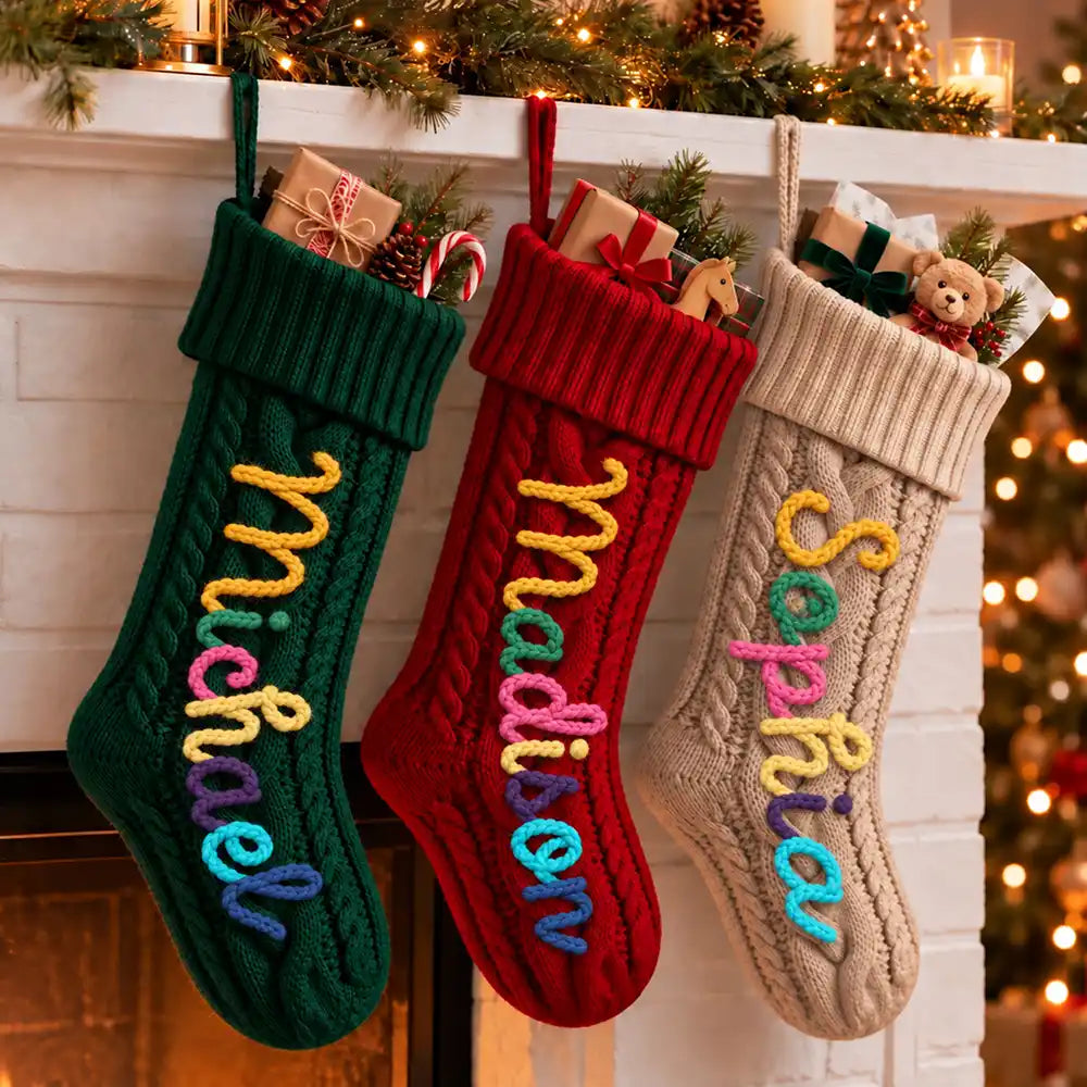 Christmas,Custom Text,Gift For Kids,Indoor Decor,Playful - Christmas Gift For Kids, Grandchildren, Family - Personalized Hand-Crocheted Colorful Yarn Name Knitted Christmas Stocking