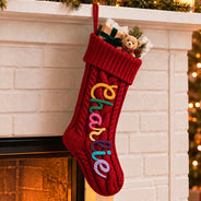 Christmas,Custom Text,Gift For Kids,Indoor Decor,Playful - Christmas Gift For Kids, Grandchildren, Family - Personalized Hand-Crocheted Colorful Yarn Name Knitted Christmas Stocking