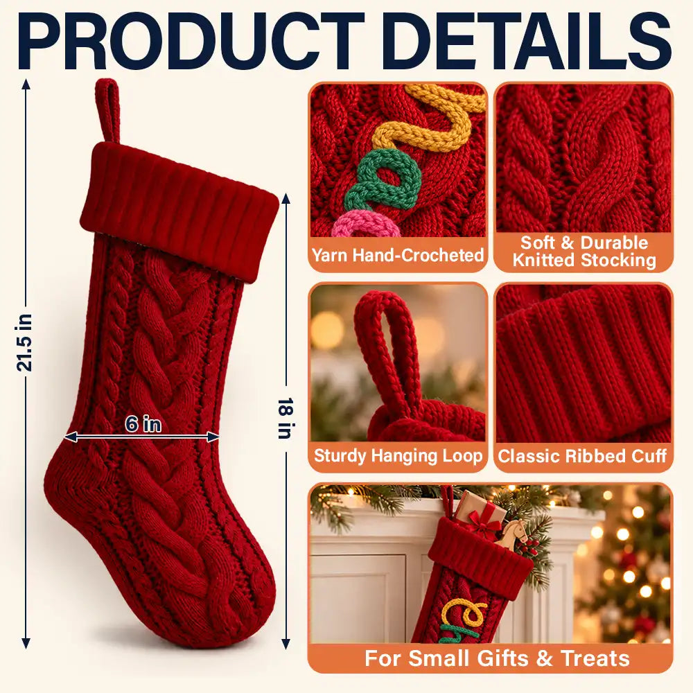 Christmas,Custom Text,Gift For Kids,Indoor Decor,Playful - Christmas Gift For Kids, Grandchildren, Family - Personalized Hand-Crocheted Colorful Yarn Name Knitted Christmas Stocking