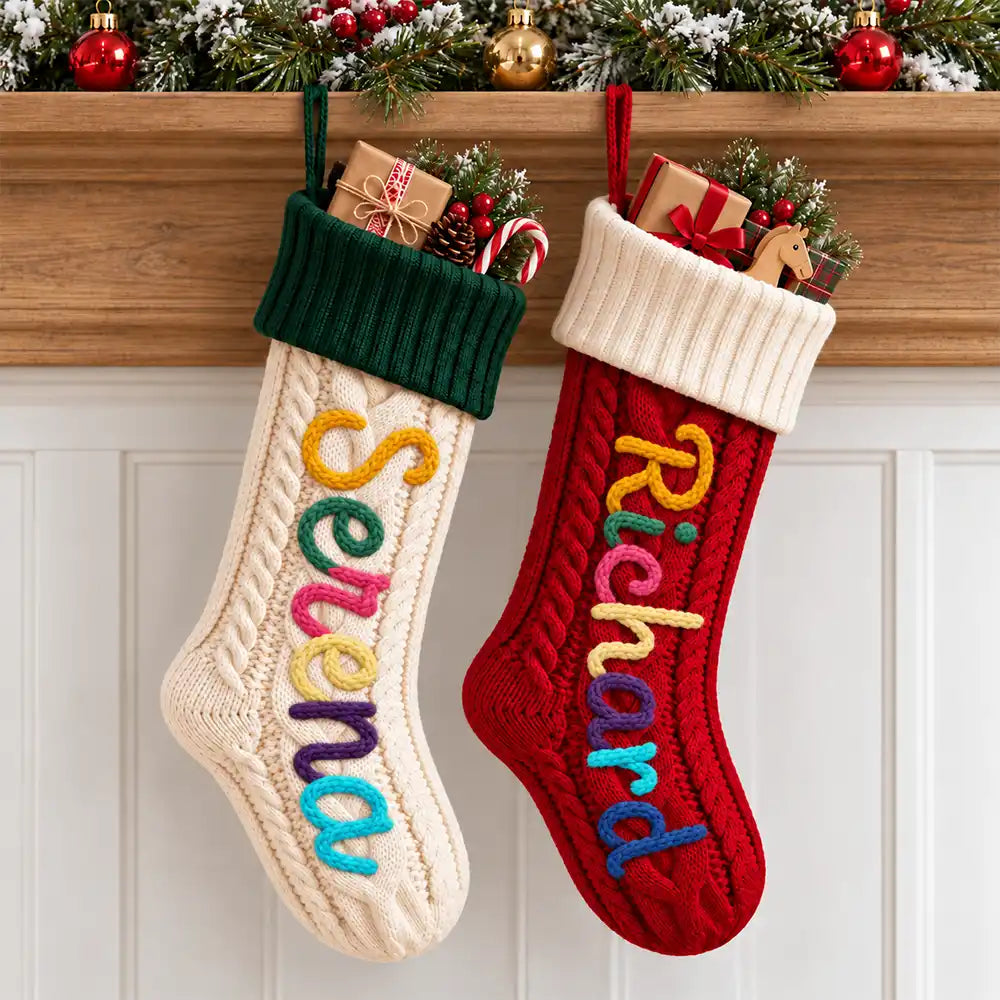 Christmas,Custom Text,Gift For Kids,Indoor Decor,Playful - Christmas Gift For Kids, Grandchildren, Family - Personalized Hand-Crocheted Colorful Yarn Name Knitted Christmas Stocking