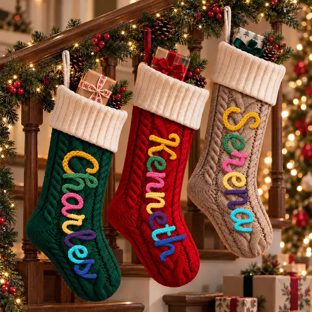 Christmas,Custom Text,Gift For Kids,Indoor Decor,Playful - Christmas Gift For Kids, Grandchildren, Family - Personalized Hand-Crocheted Colorful Yarn Name Knitted Christmas Stocking