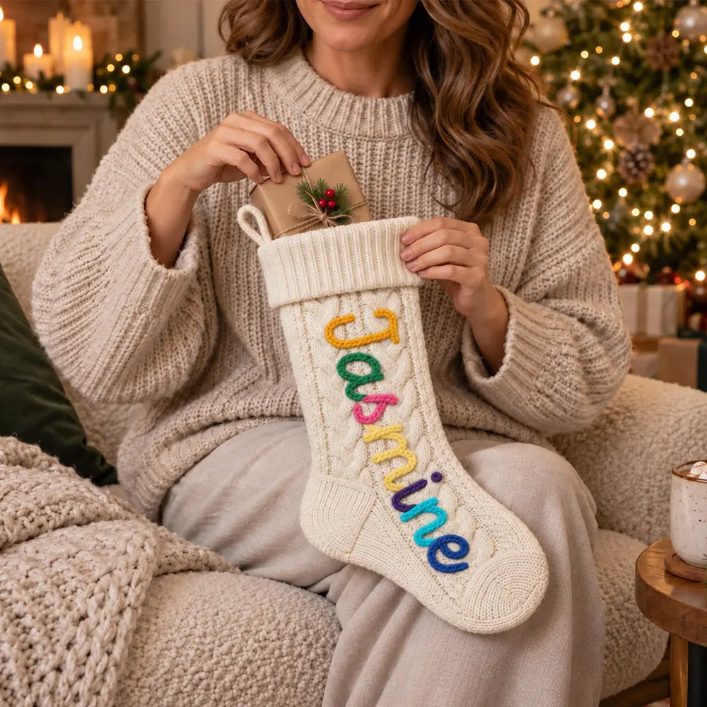 Christmas,Custom Text,Gift For Kids,Indoor Decor,Playful - Christmas Gift For Kids, Grandchildren, Family - Personalized Hand-Crocheted Colorful Yarn Name Knitted Christmas Stocking