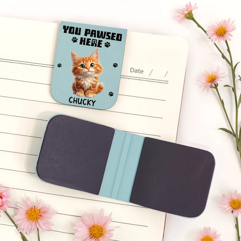Art Design,Christmas,Custom Photo,Humorous,Pet Lovers,Photo - 3D Chibi Adorable Pet,Reading - Bookish Gifts For Pet Lovers, Book Lovers - Personalized Custom Photo You Pawsed Here Leather Magnetic Bookmark