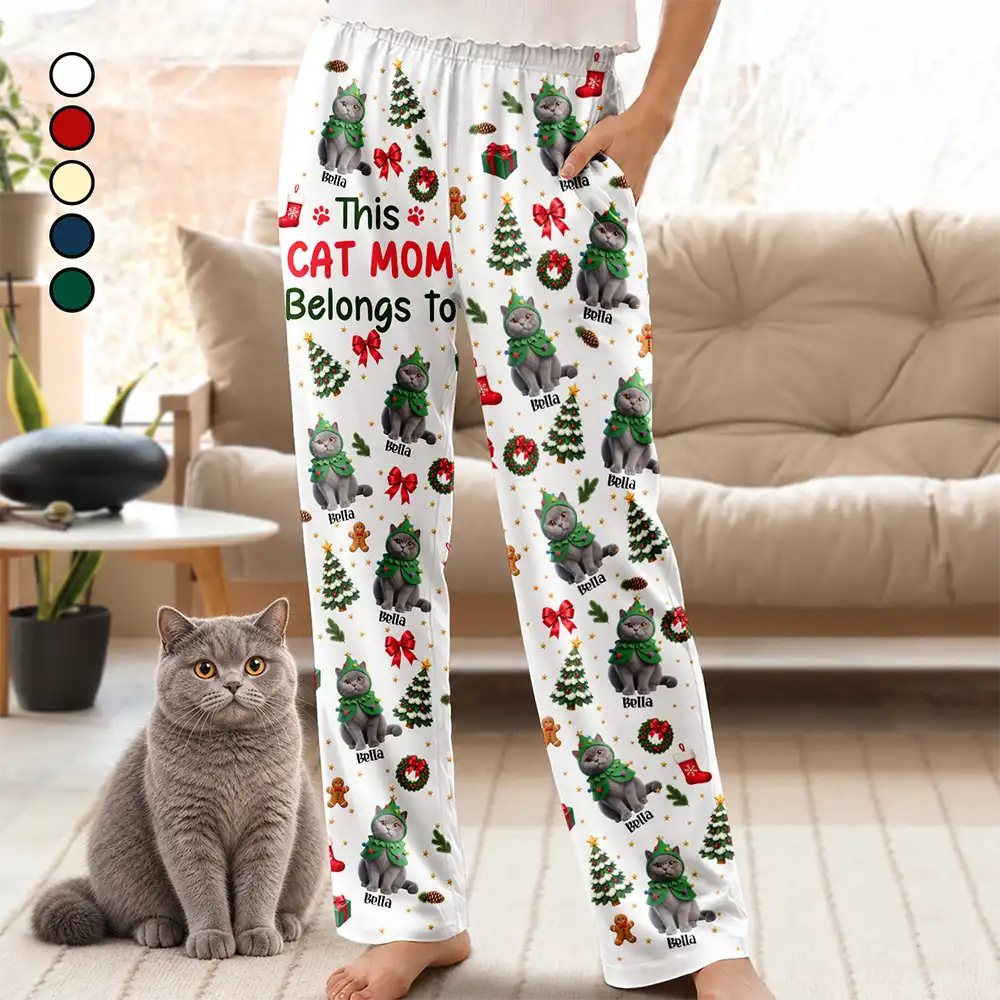 Art Design, Christmas, Custom Photo, Gift For Mother, Gifts For Her, Happy, Pet Lovers, Pet Mom, Photo - Christmas Accessories 3D Cartoon Pet - Christmas Gift For Pet Mom - Personalized Custom Photo Pet Name Festive Pattern Pajama Pants