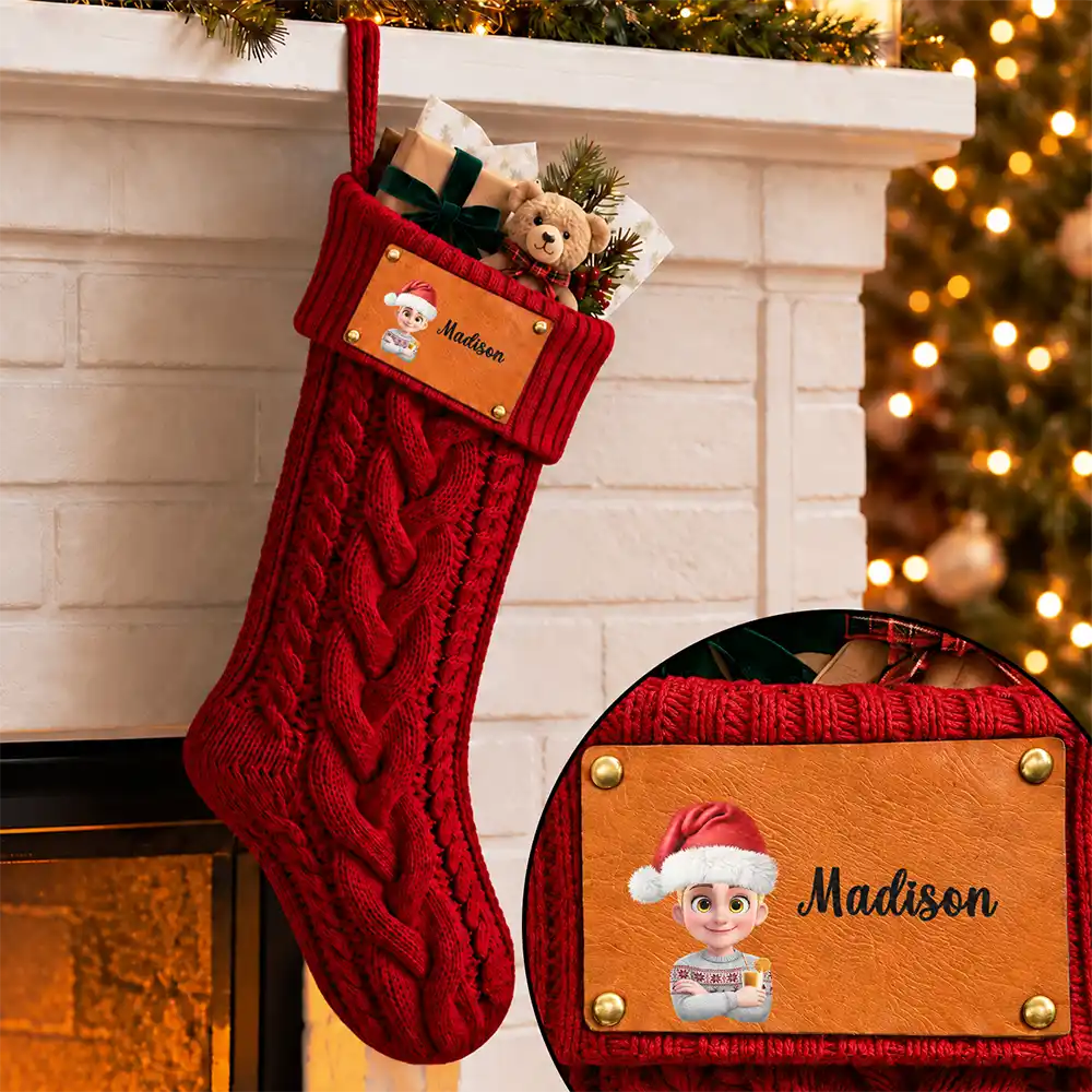 Christmas, Gift For Kids, Indoor Decor, Playful, Vector - Christmas Gift For Kids, Children, Grandchildren - Personalized 3D Cartoon Characters Leather Patch Knitted Christmas Stocking