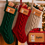 Christmas, Gift For Kids, Indoor Decor, Playful, Vector - Christmas Gift For Kids, Children, Grandchildren - Personalized 3D Cartoon Characters Leather Patch Knitted Christmas Stocking