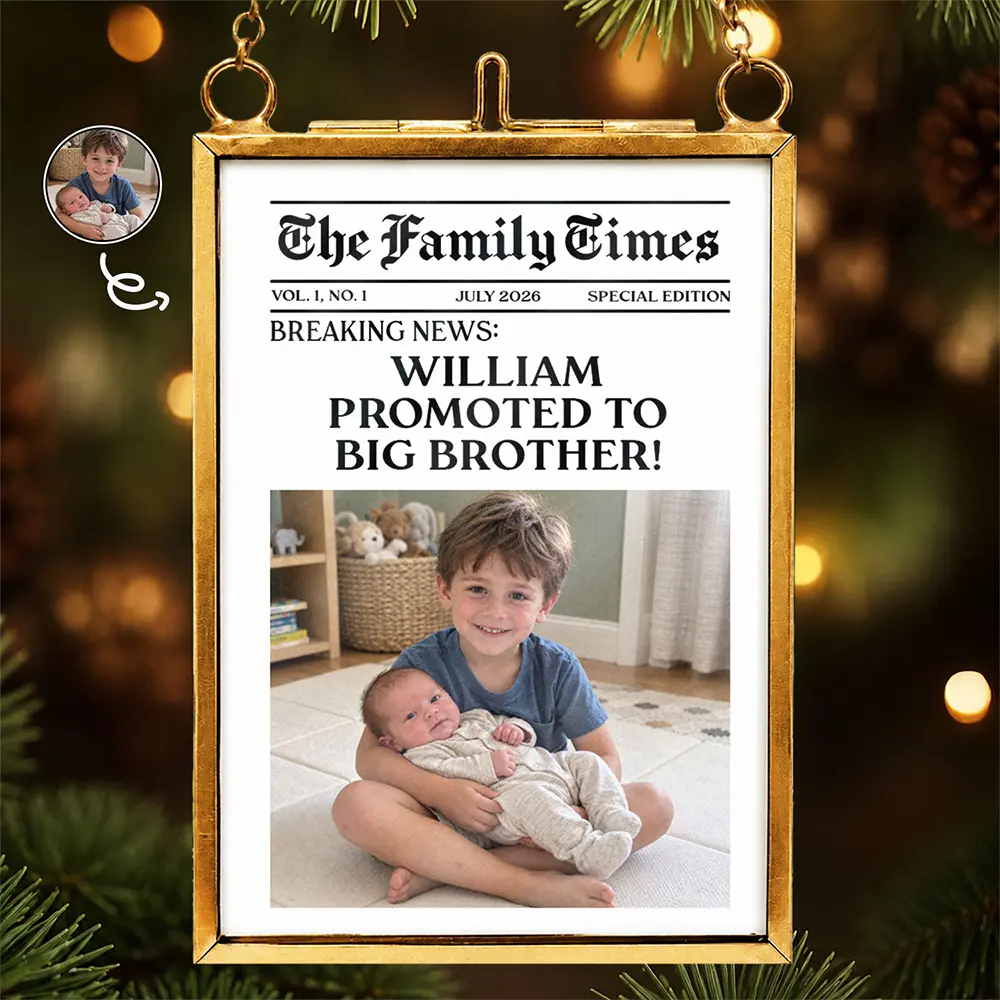 Adorable,Christmas,Custom Photo,First Christmas,Gift For Kids,New Baby,Upload Full Photo - Christmas Gift For Big Sister or Brother - Personalized Custom Photo Newspaper Metal Frame Ornament