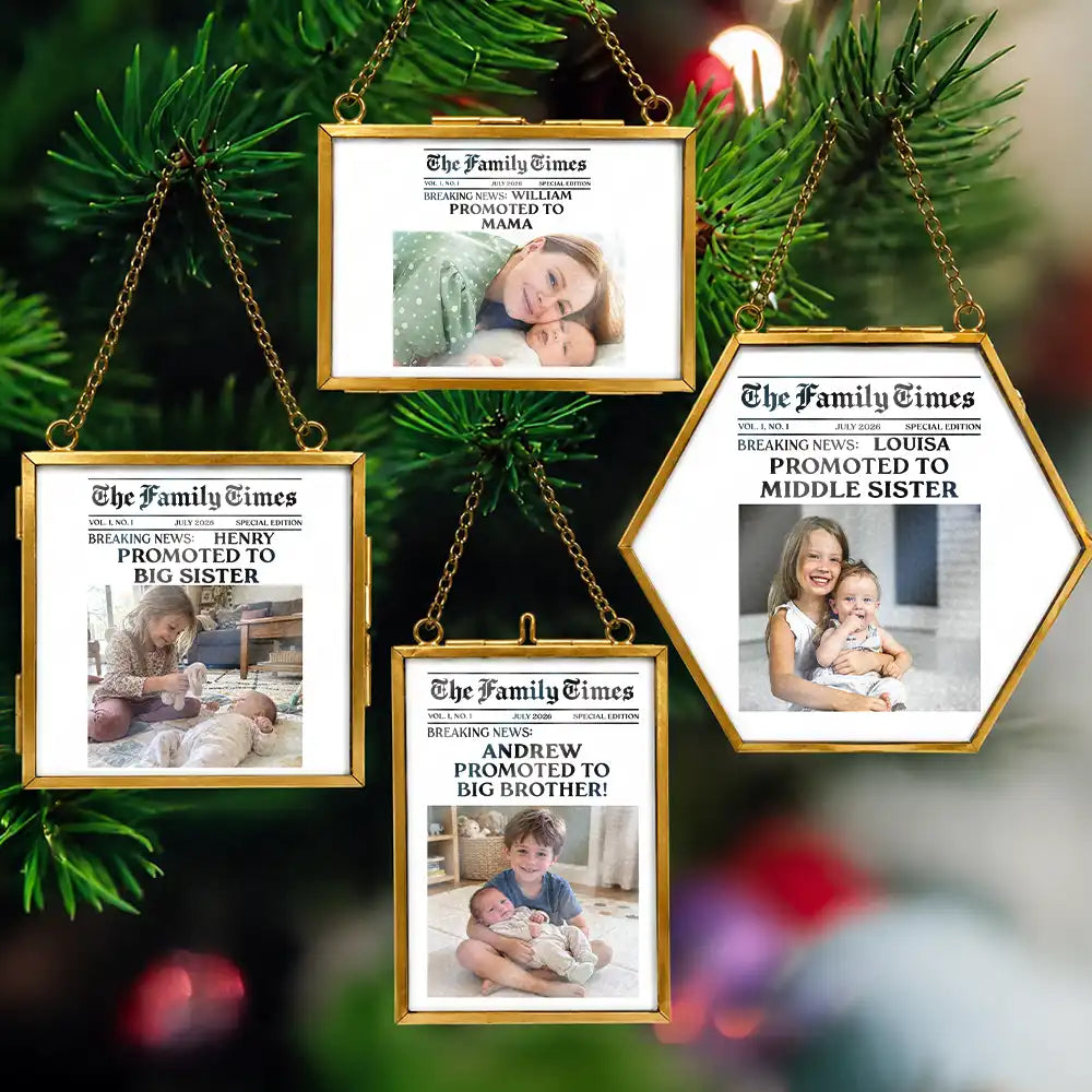 Adorable,Christmas,Custom Photo,First Christmas,Gift For Kids,New Baby,Upload Full Photo - Christmas Gift For Big Sister or Brother - Personalized Custom Photo Newspaper Metal Frame Ornament