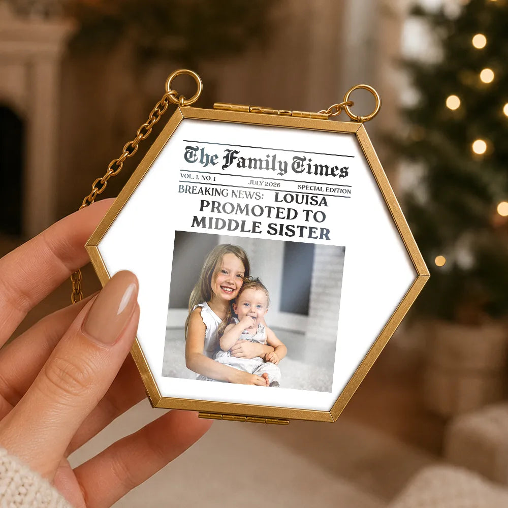 Adorable,Christmas,Custom Photo,First Christmas,Gift For Kids,New Baby,Upload Full Photo - Christmas Gift For Big Sister or Brother - Personalized Custom Photo Newspaper Metal Frame Ornament