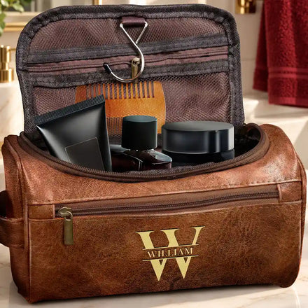 Gift For Men, Husband, Dad - Personalized Monogram Vintage Leather Toiletry Bag