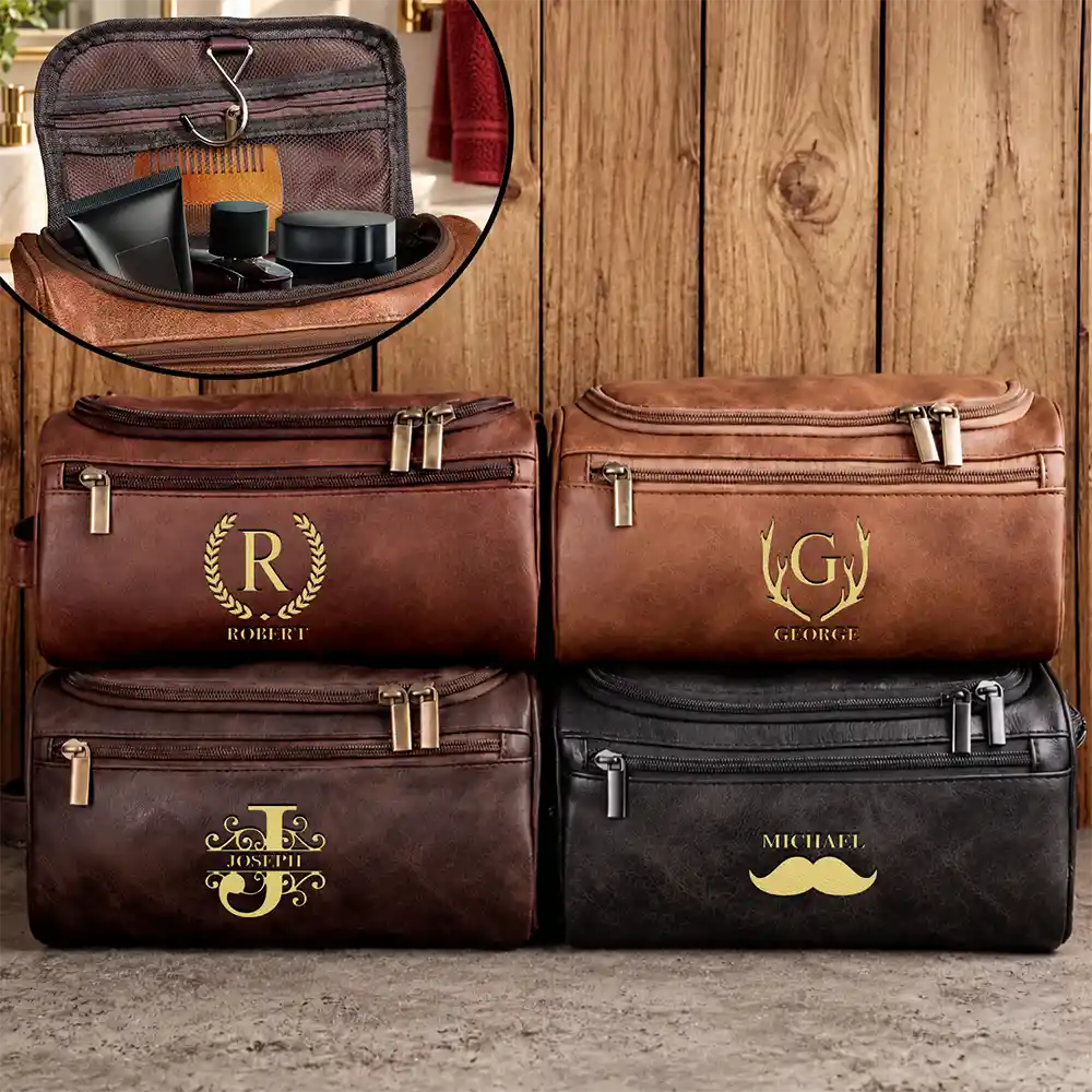 Confident,Gift For Men,Gift For Yourself,Gifts For Him,Monogram,Top Market - Gift For Men, Husband, Dad - Personalized Monogram Vintage Leather Toiletry Bag