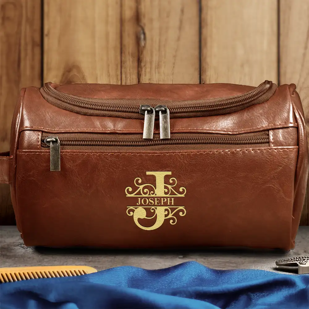 Confident,Gift For Men,Gift For Yourself,Gifts For Him,Monogram,Top Market - Gift For Men, Husband, Dad - Personalized Monogram Vintage Leather Toiletry Bag