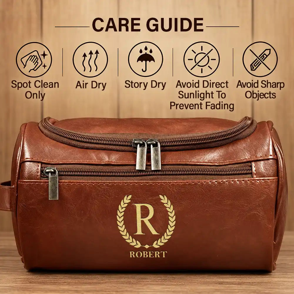 Confident,Gift For Men,Gift For Yourself,Gifts For Him,Monogram,Top Market - Gift For Men, Husband, Dad - Personalized Monogram Vintage Leather Toiletry Bag