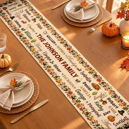 Thanksgiving Table Decor For Family Gathering - Personalized Fall Foliage Family Names Table Runner