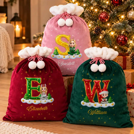 Christmas Gifts For Family Kids - Personalized Monogram With Character Velvet Favor Bag